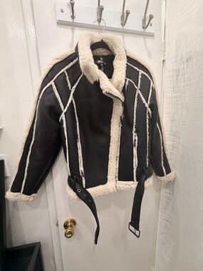 Missguided Black Faux Leather Teddy Jacket with Cream Shearling Trim
